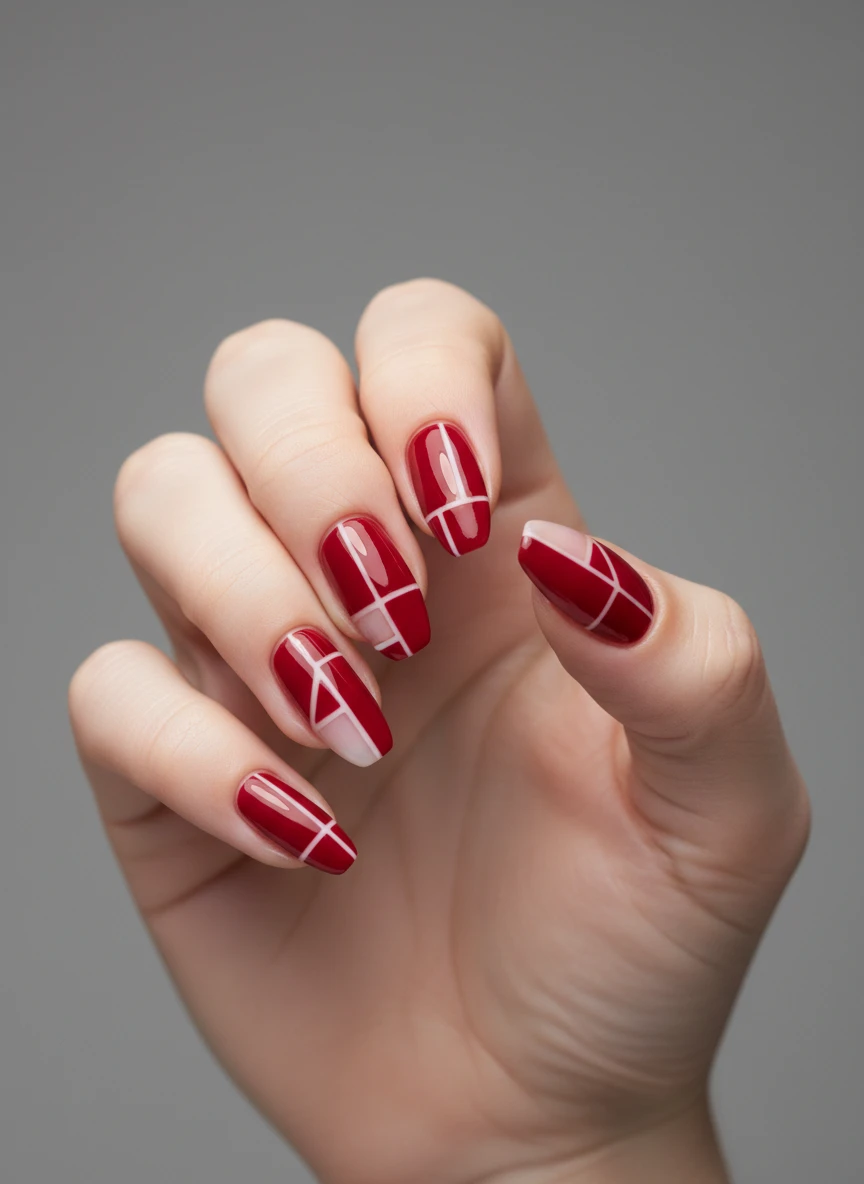 Minimalist geometric nail art featuring bold red rectangular blocks and clean negative space on natural nails.