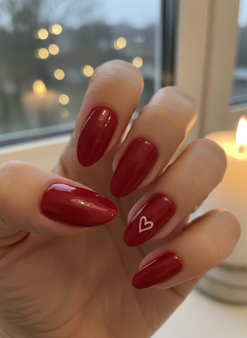 Professional almond-shaped manicure featuring vibrant scarlet red polish and a minimalist white heart accent design.