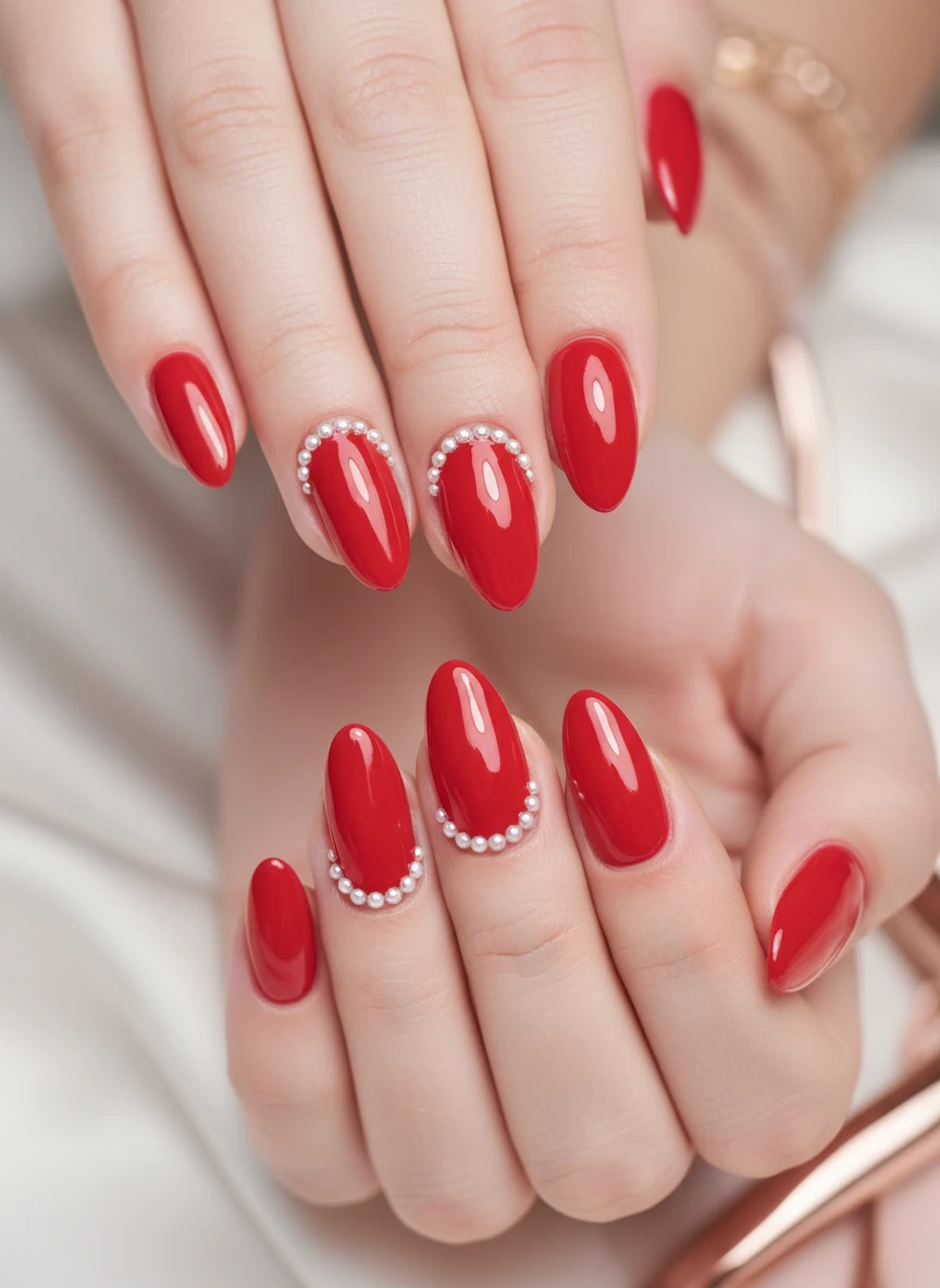 Bright scarlet red glossy nails with delicate white pearls along the cuticle line for an elegant look.