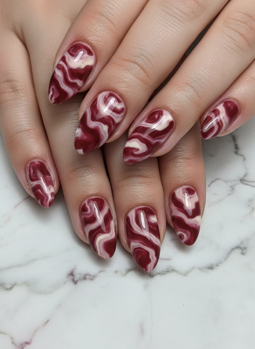 Sophisticated nail art featuring intricate red and white marble swirls with a high-gloss finish.