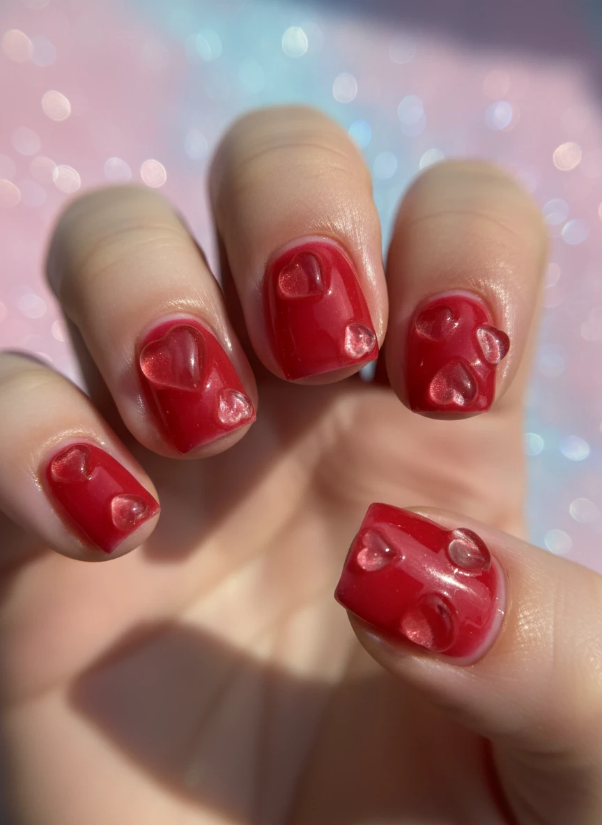 Short round nails featuring a translucent cherry red jelly base and 3D clear resin hearts.