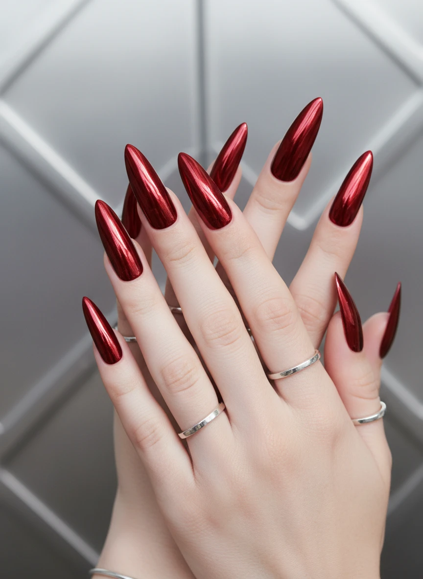 Long stiletto nails with a mirror-like ruby red chrome finish reflecting soft studio lights.