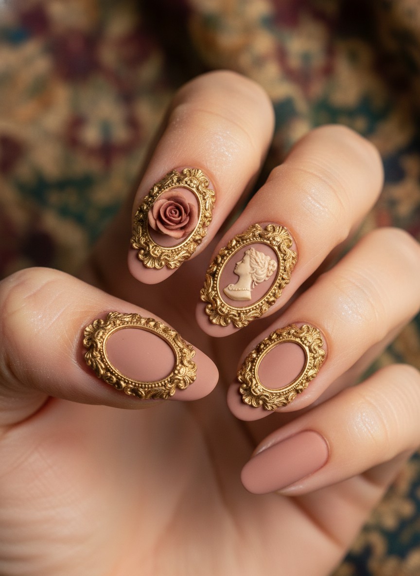 12 Saint Valentine Nails 3D Designs That Are Viral Right Now (2026) 12 Matte nude nails featuring intricate 3D gold baroque frames with tiny roses in a Victorian style.