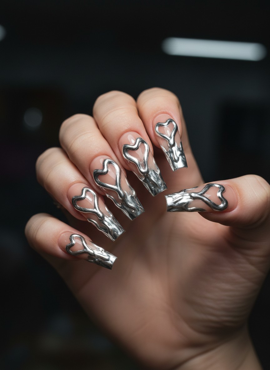 12 Saint Valentine Nails 3D Designs That Are Viral Right Now (2026) 3 Long coffin nails with a nude base featuring 3D melted silver liquid metal heart designs