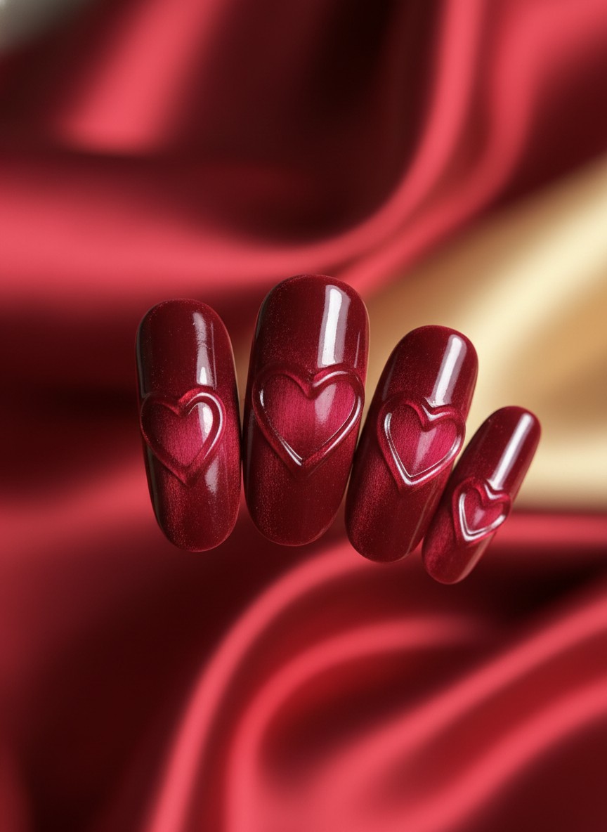 12 Saint Valentine Nails 3D Designs That Are Viral Right Now (2026) 5 Oval nails with deep red velvet cat-eye polish and clear raised 3D heart outlines under warm lighting.