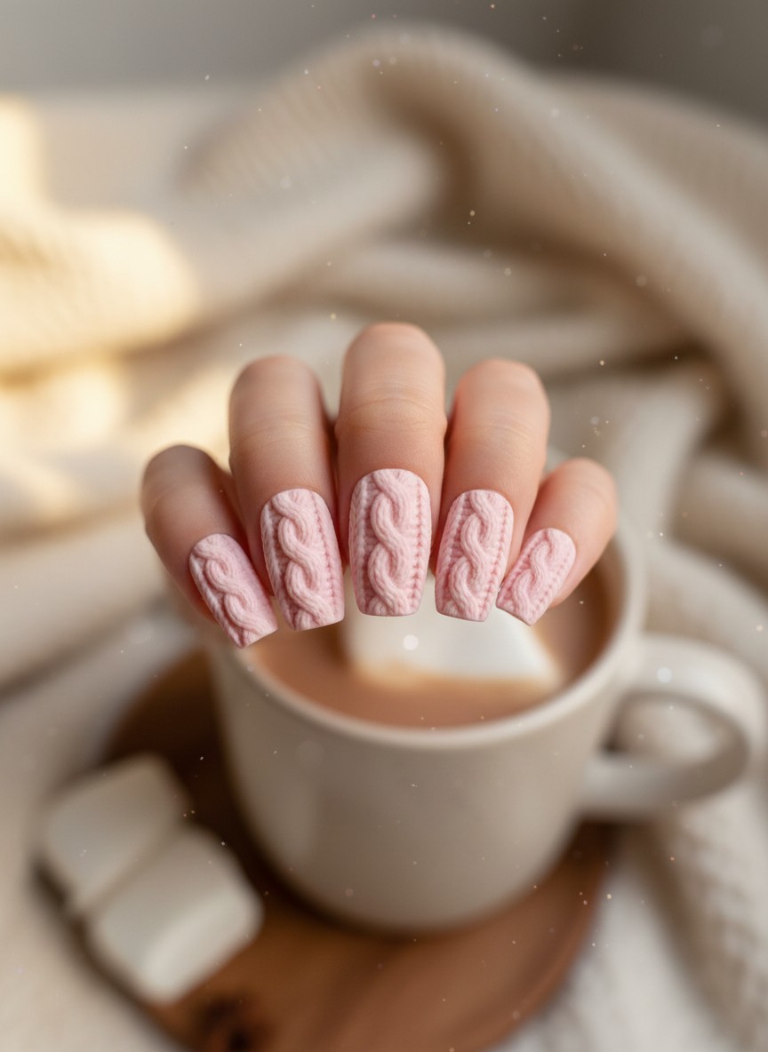 12 Saint Valentine Nails 3D Designs That Are Viral Right Now (2026) 7 Close-up of matte blush pink manicure featuring raised 3D cable knit sweater patterns and fuzzy texture.