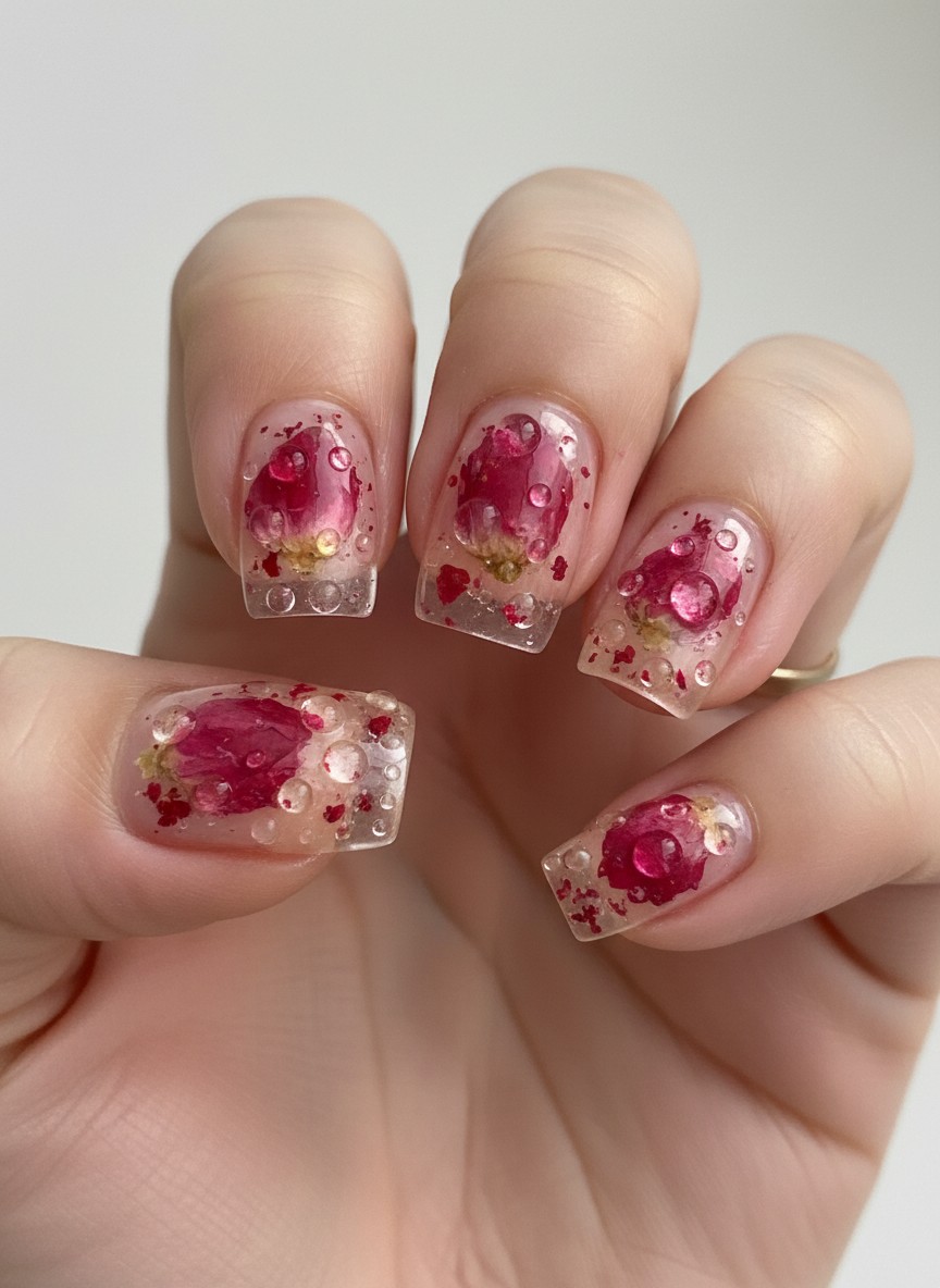12 Saint Valentine Nails 3D Designs That Are Viral Right Now (2026) 4 Glossy short square jelly nails featuring embedded tiny dried red roses and realistic 3D water droplets.