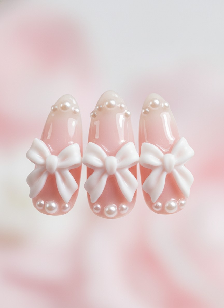 12 Saint Valentine Nails 3D Designs That Are Viral Right Now (2026) 2 Macro view of almond-shaped milky pink nails with 3D sculpted white ribbons and delicate pearl accents