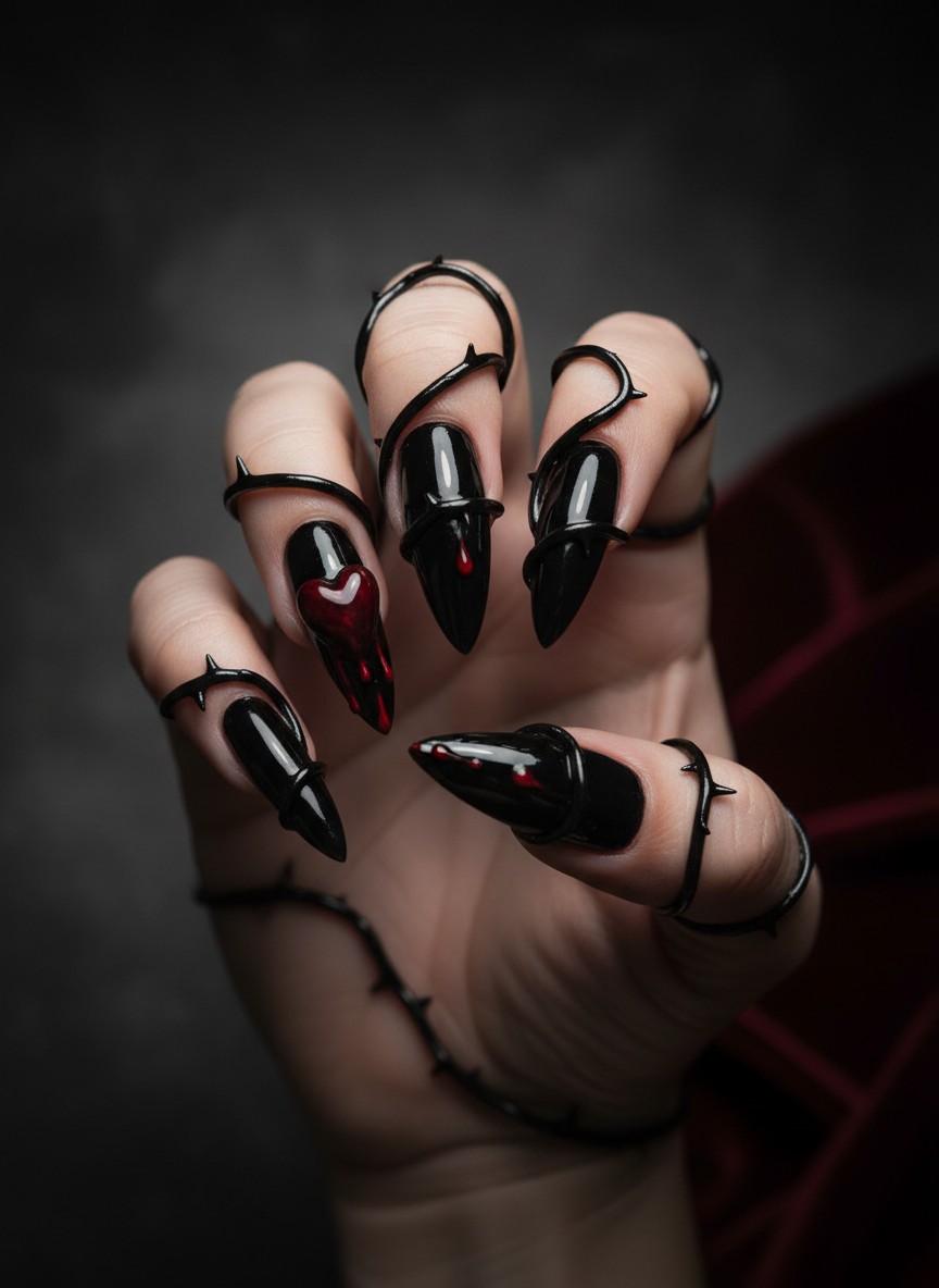 12 Saint Valentine Nails 3D Designs That Are Viral Right Now (2026) 8 Sharp glossy black stiletto nails featuring 3D sculpted thorny vines and a dark red bleeding heart motif.