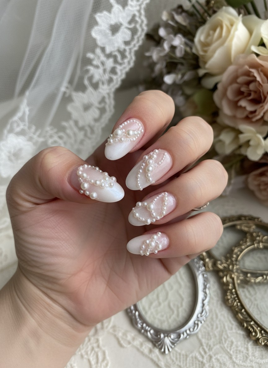 12 Saint Valentine Nails 3D Designs That Are Viral Right Now (2026) 6 Elegant white ombre nails decorated with cascading 3D pearl strings for a vintage wedding aesthetic