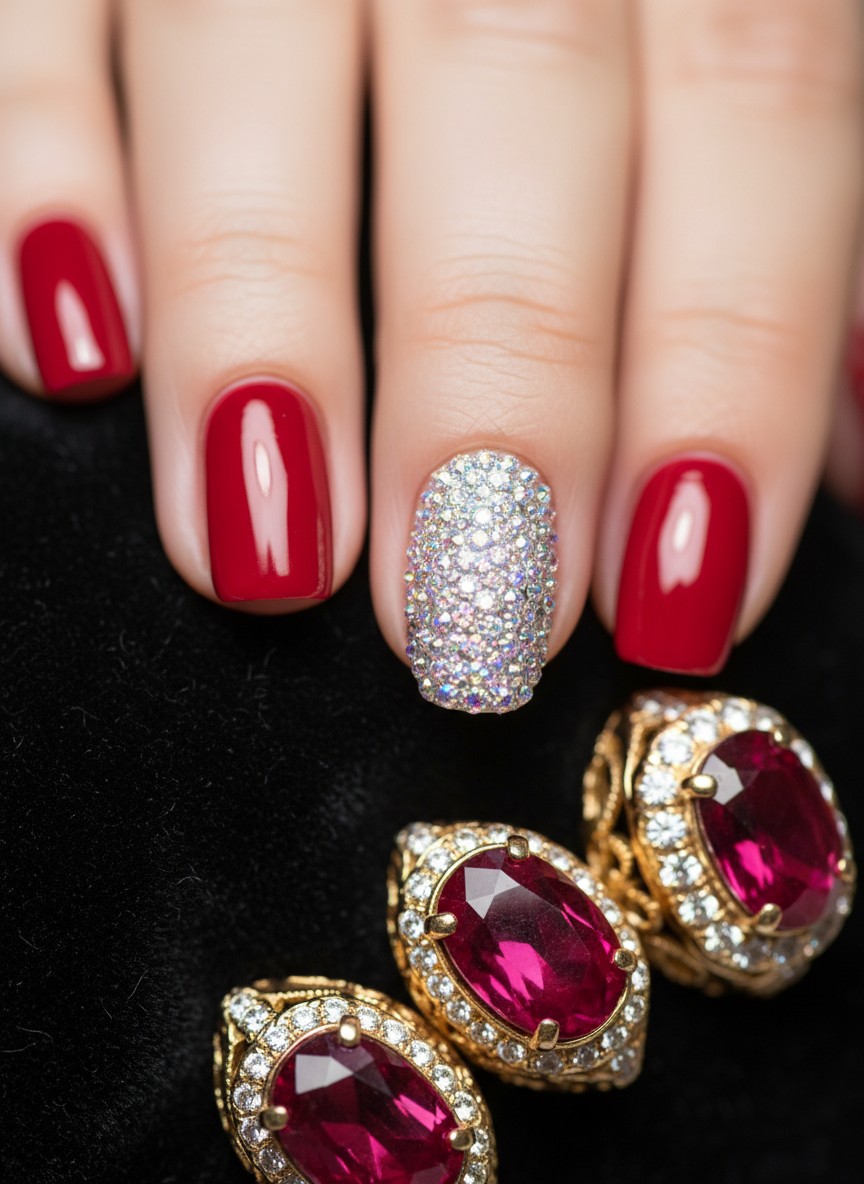 12 Saint Valentine Nails 3D Designs That Are Viral Right Now (2026) 10 Single accent nail covered in sparkling Swarovski crystals and micro-beads set against vibrant red manicured nails.