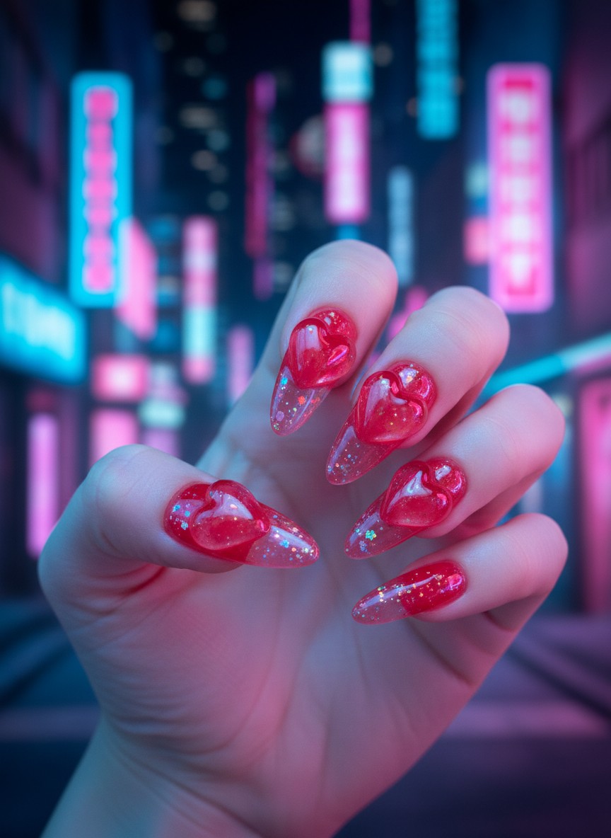 12 Saint Valentine Nails 3D Designs That Are Viral Right Now (2026) 11 Transparent red jelly nails featuring puffy 3D blown-glass hearts with a glossy, translucent Y2K aesthetic.