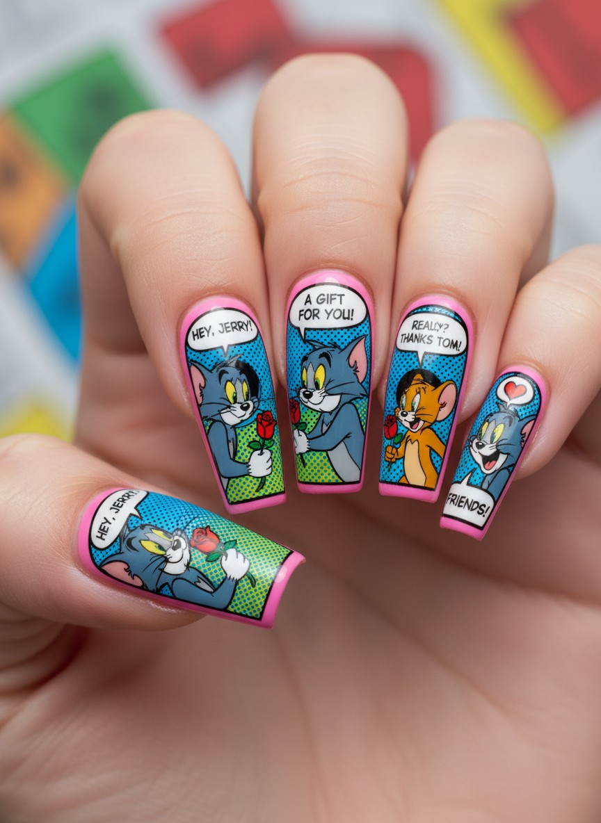 12 Tom and Jerry Valentine Nails Ideas: Cute & Romantic Styles (2026) 8 Coffin-shaped nails featuring pop-art comic panels of Tom giving Jerry a flower with pink borders.
