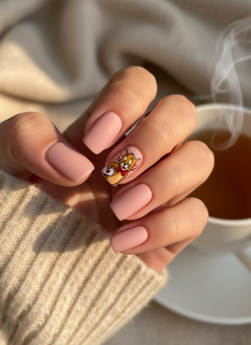 12 Tom and Jerry Valentine Nails Ideas: Cute & Romantic Styles (2026) 5 Detailed matte pink nails featuring hand-painted Jerry Mouse holding a romantic love letter with heart stamp.