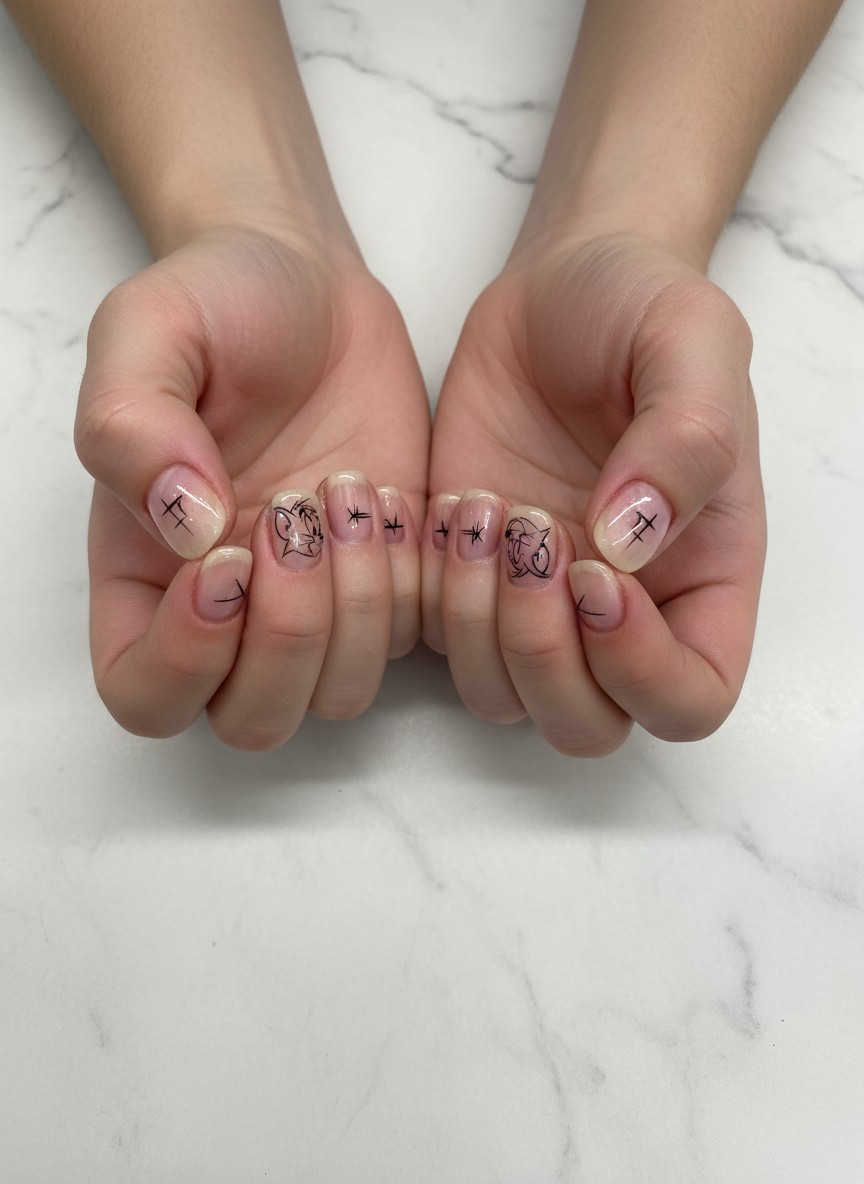 12 Tom and Jerry Valentine Nails Ideas: Cute & Romantic Styles (2026) 7 Minimalist short round nails featuring clear builder gel and fine-line black sketches of Tom and Jerry profiles.