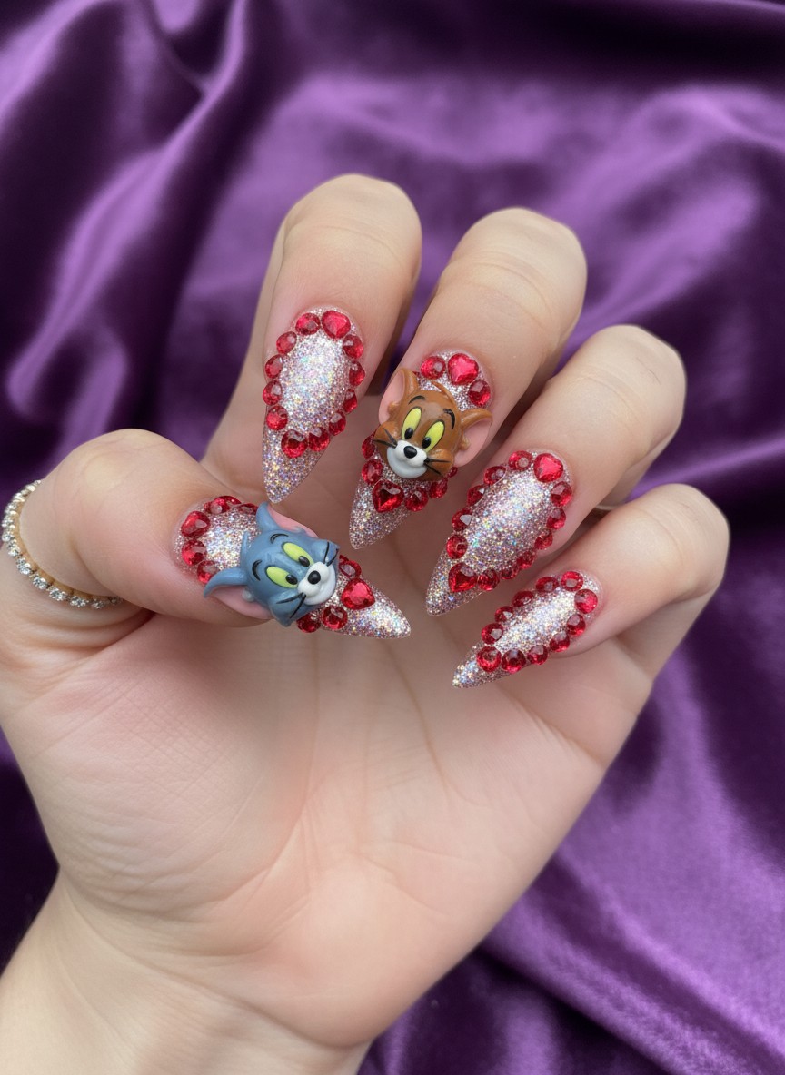12 Tom and Jerry Valentine Nails Ideas: Cute & Romantic Styles (2026) 6 Sharp stiletto nails featuring 3D Tom and Jerry charms, sparkling glitter, and luxurious crystal heart rhinestones.