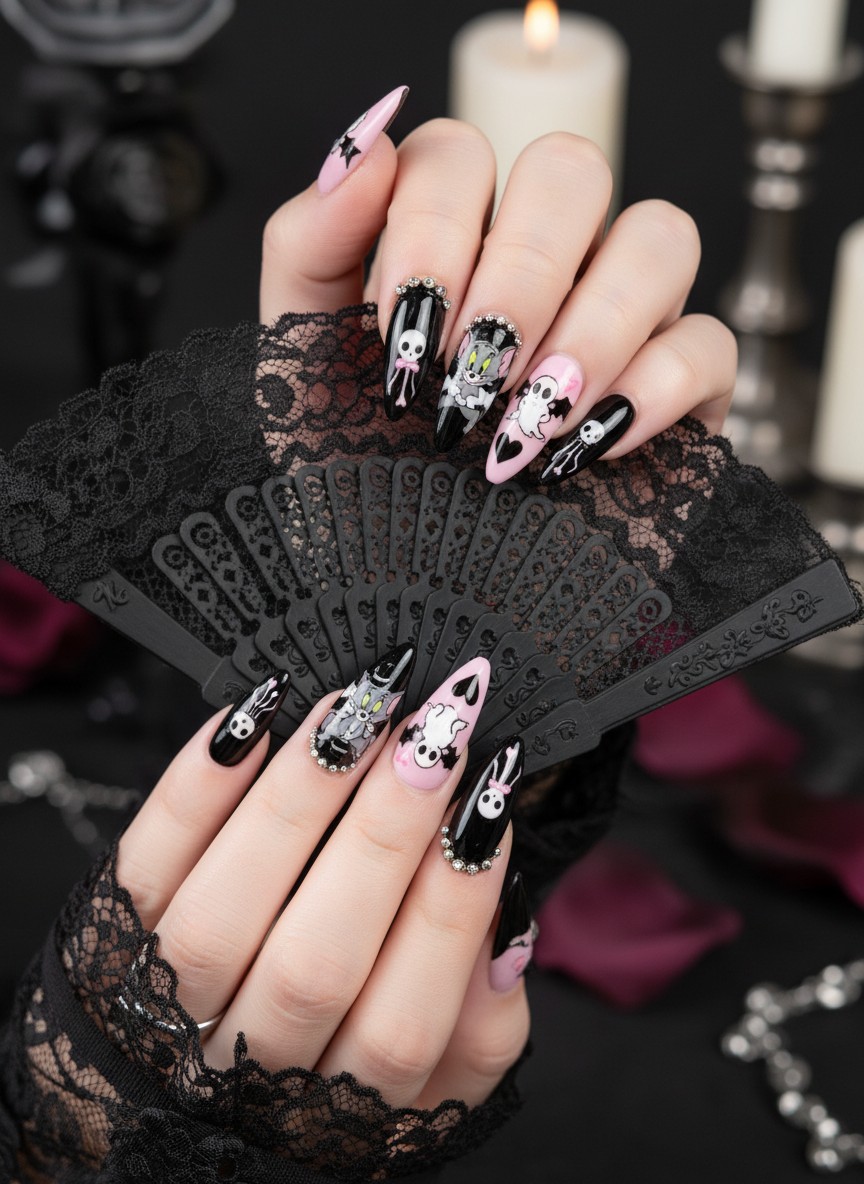 12 Tom and Jerry Valentine Nails Ideas: Cute & Romantic Styles (2026) 12 Long stiletto nails with black and pastel pink Tom and Jerry characters in a kawaii goth style.
