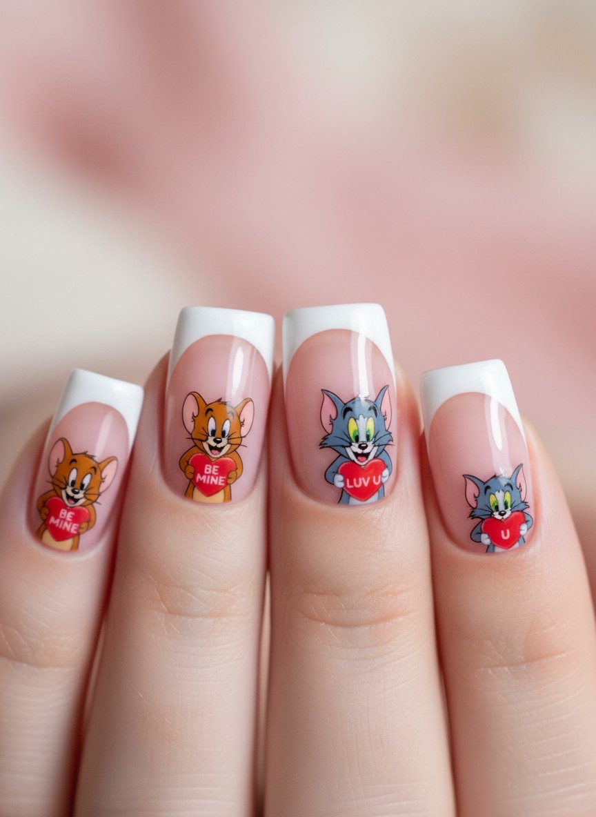 12 Tom and Jerry Valentine Nails Ideas: Cute & Romantic Styles (2026) 3 Square nails featuring classic white French tips with small Tom and Jerry characters holding valentines.