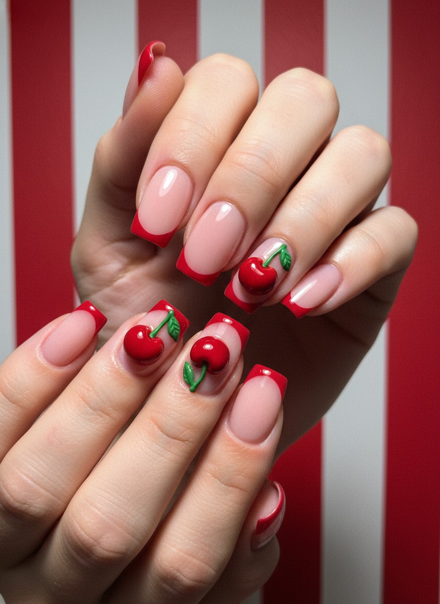 French tip nails featuring 3D sculpted red cherries with green stems in a glossy pop art style.