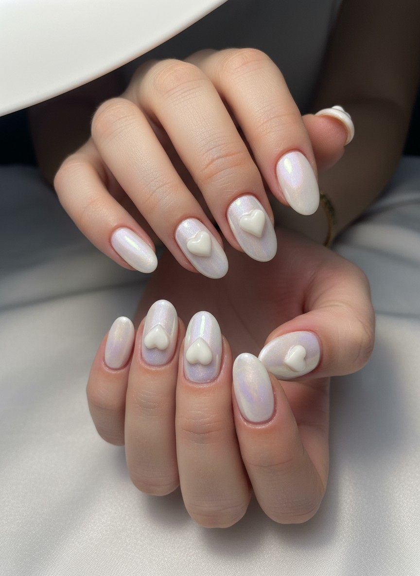 Oval nails featuring a pearlescent white chrome finish and delicate 3D white gel heart accents.
