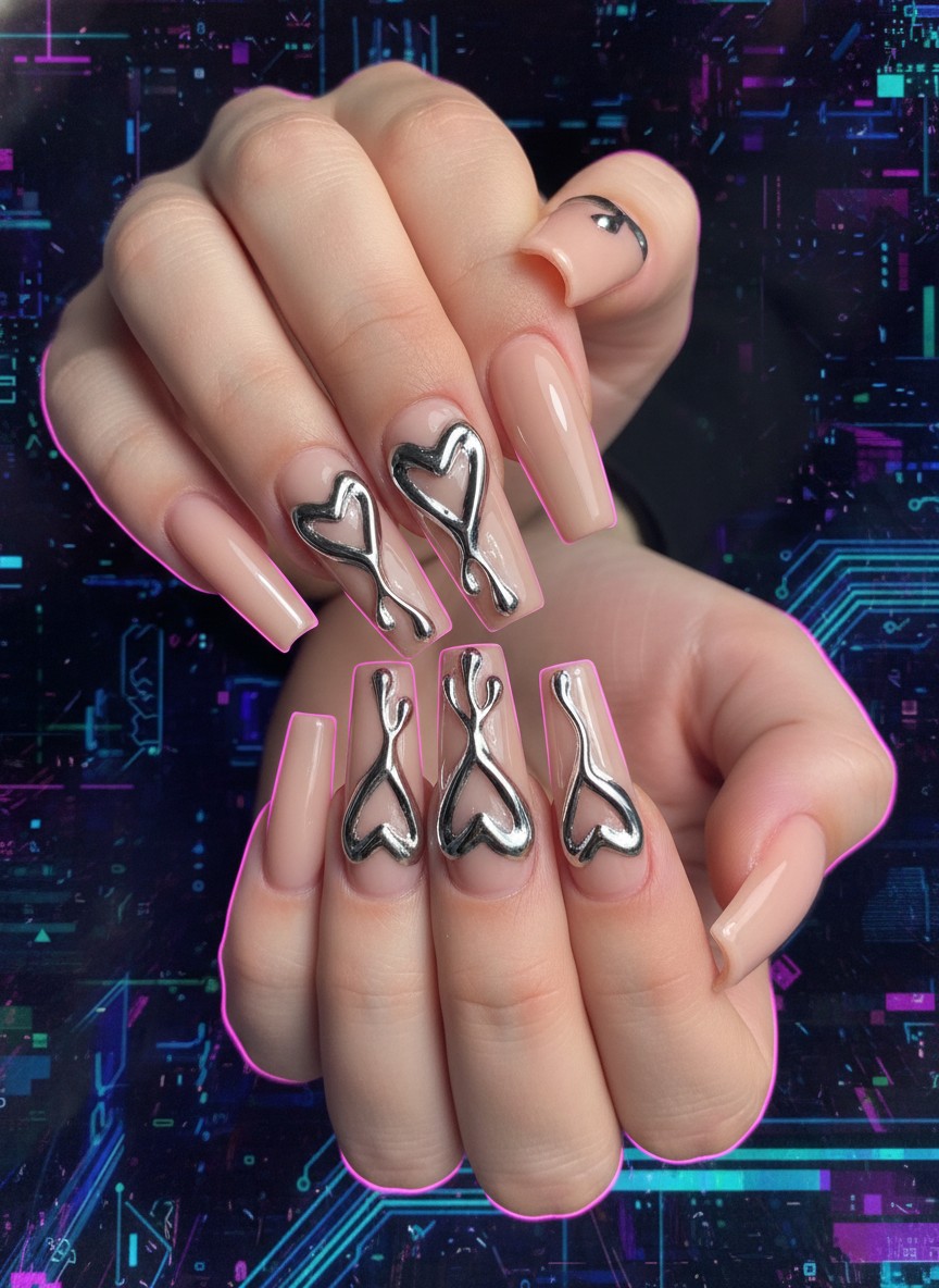 Long square nails with a nude base featuring 3D liquid silver chrome hearts and neon pink lighting.