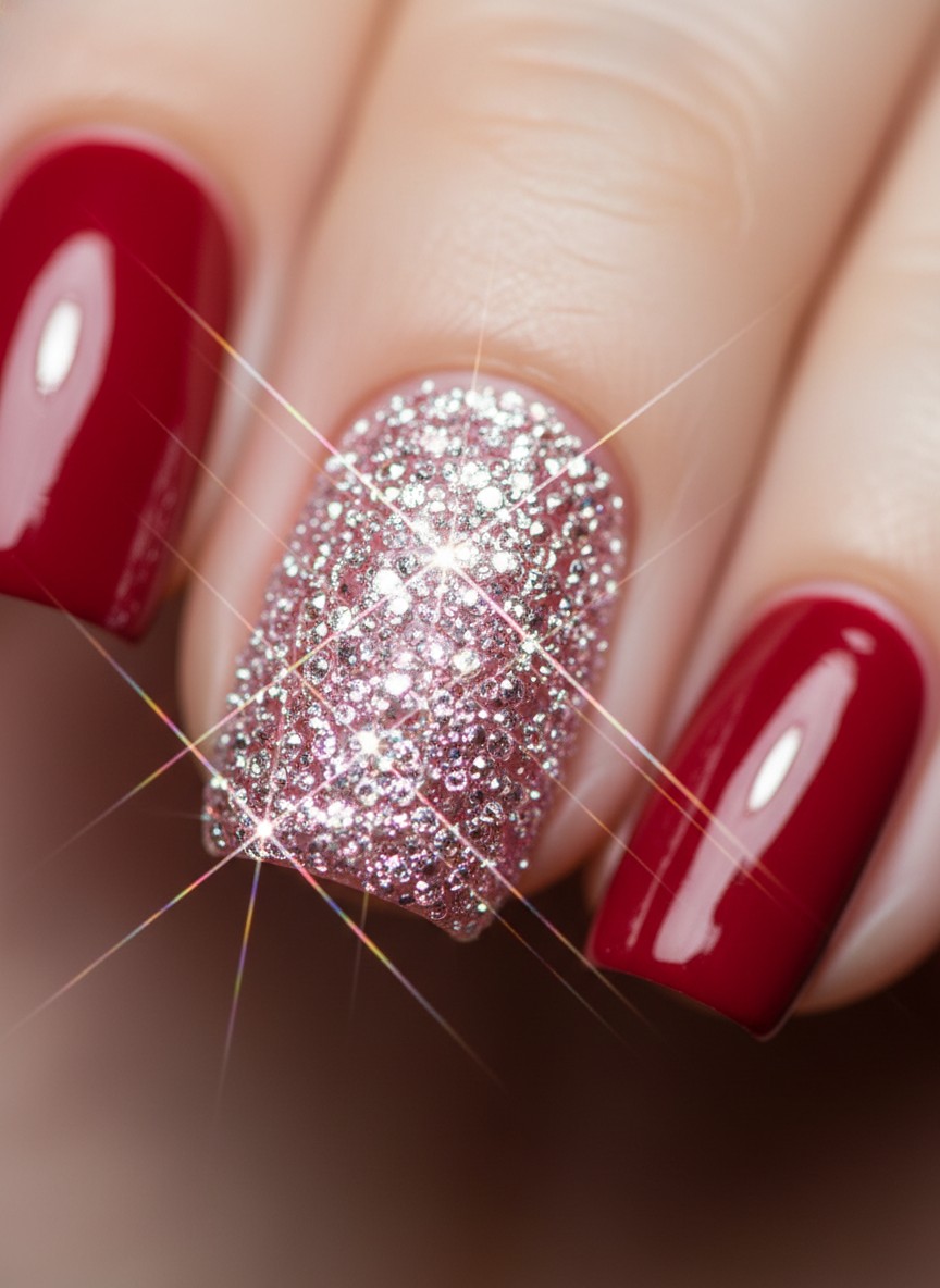 Close-up of a glamorous Swarovski Crystal Pixie accent nail paired with classic red Valentine's Day nails