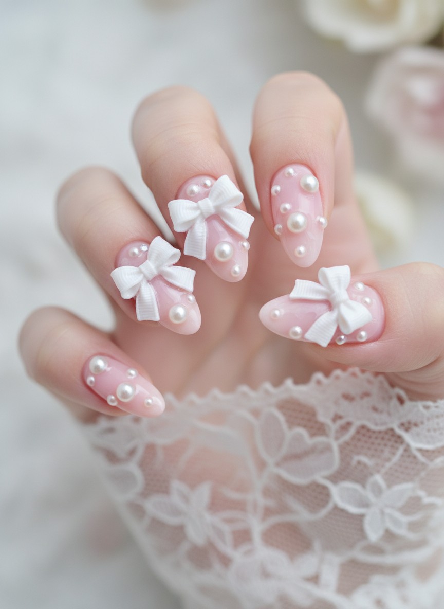 Close-up of almond-shaped nails with pastel pink gel polish featuring 3D white ribbon bows and pearls