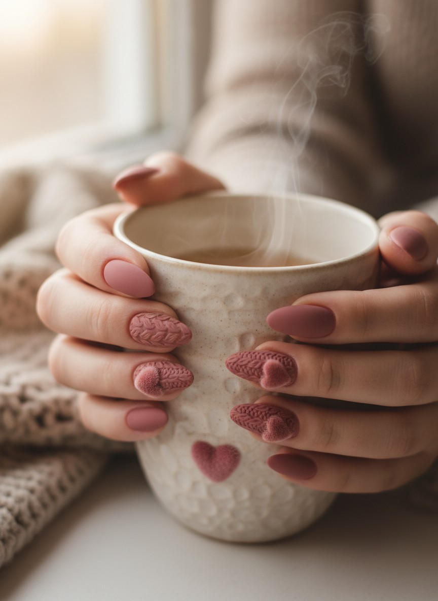 Close-up of matte dusty rose nails featuring raised 3D cable knit patterns and textured velvet hearts.