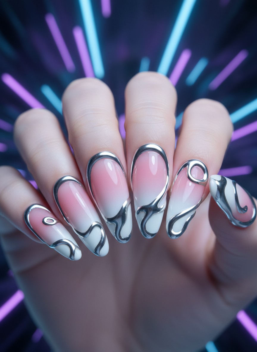 Almond-shaped nails featuring a pink-to-white aura gradient and intricate 3D silver liquid metal swirl accents.