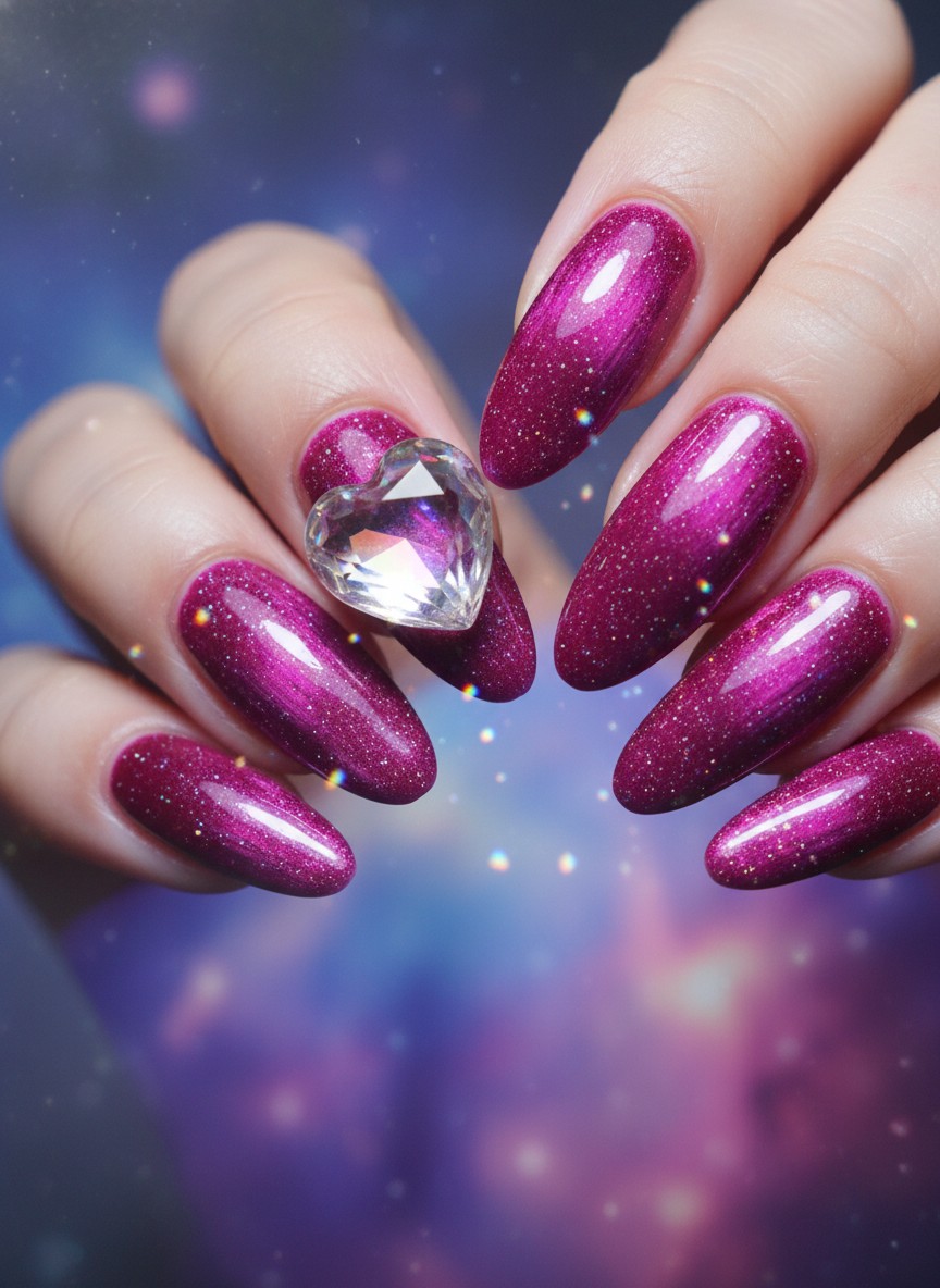 Shimmering velvet cat-eye nails with pink and purple shifting tones and a central 3D glass heart.