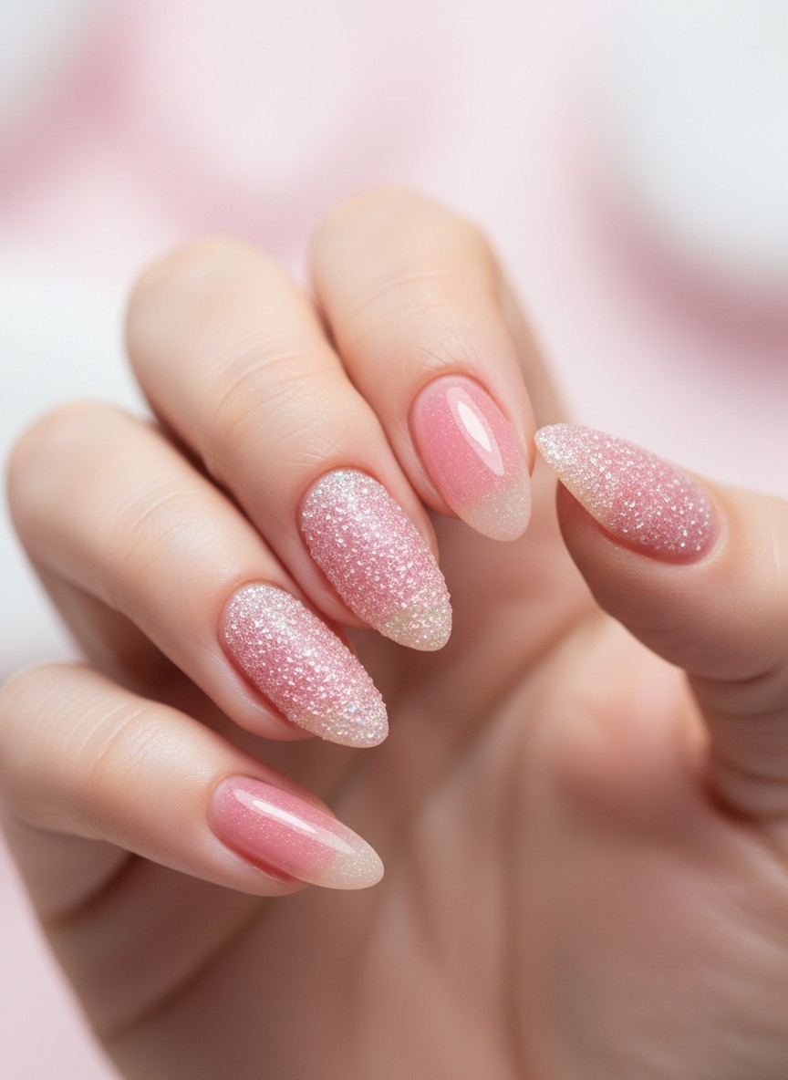 15 Pink Jelly Valentine Nails to Crush On in 2026: Sweet & Sheer Ideas 16 Sparkling crystal pixie dust texture over translucent pink jelly nails with high-gloss smooth accent nails