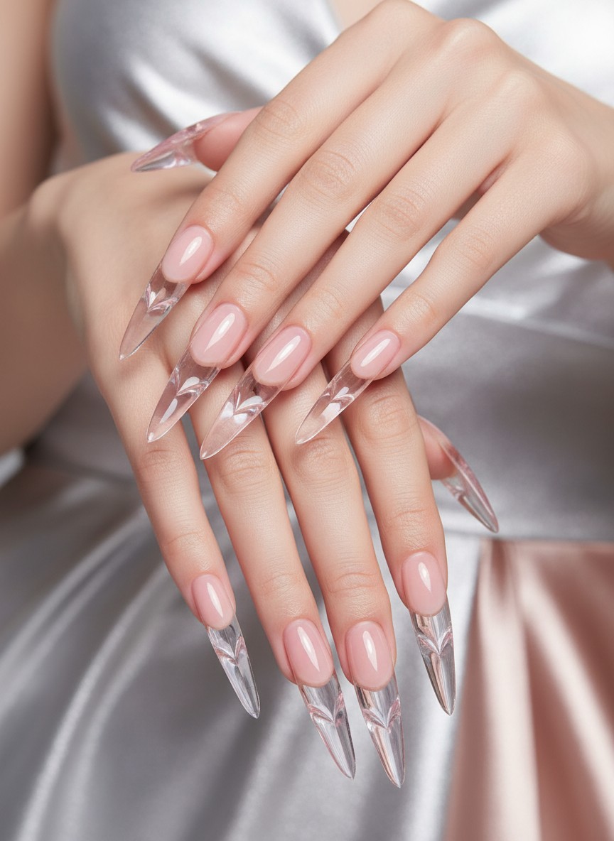 15 Pink Jelly Valentine Nails to Crush On in 2026: Sweet & Sheer Ideas 11 Long stiletto nails featuring translucent pink glassy tips shaped into delicate hearts for a romantic look.