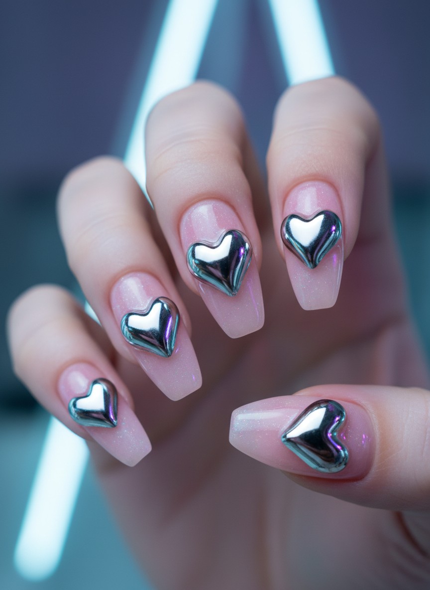 15 Pink Jelly Valentine Nails to Crush On in 2026: Sweet & Sheer Ideas 6 Translucent pink jelly manicure with metallic 3D chrome hearts and high-gloss finish in cool-toned lighting.