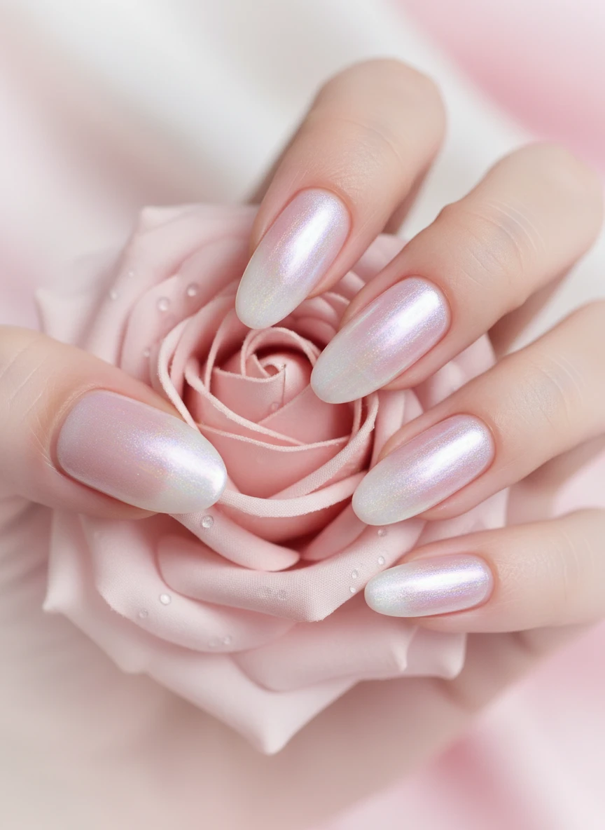 Almond-shaped nails featuring a milky pink base and pearlescent glazed donut chrome finish holding a rose.