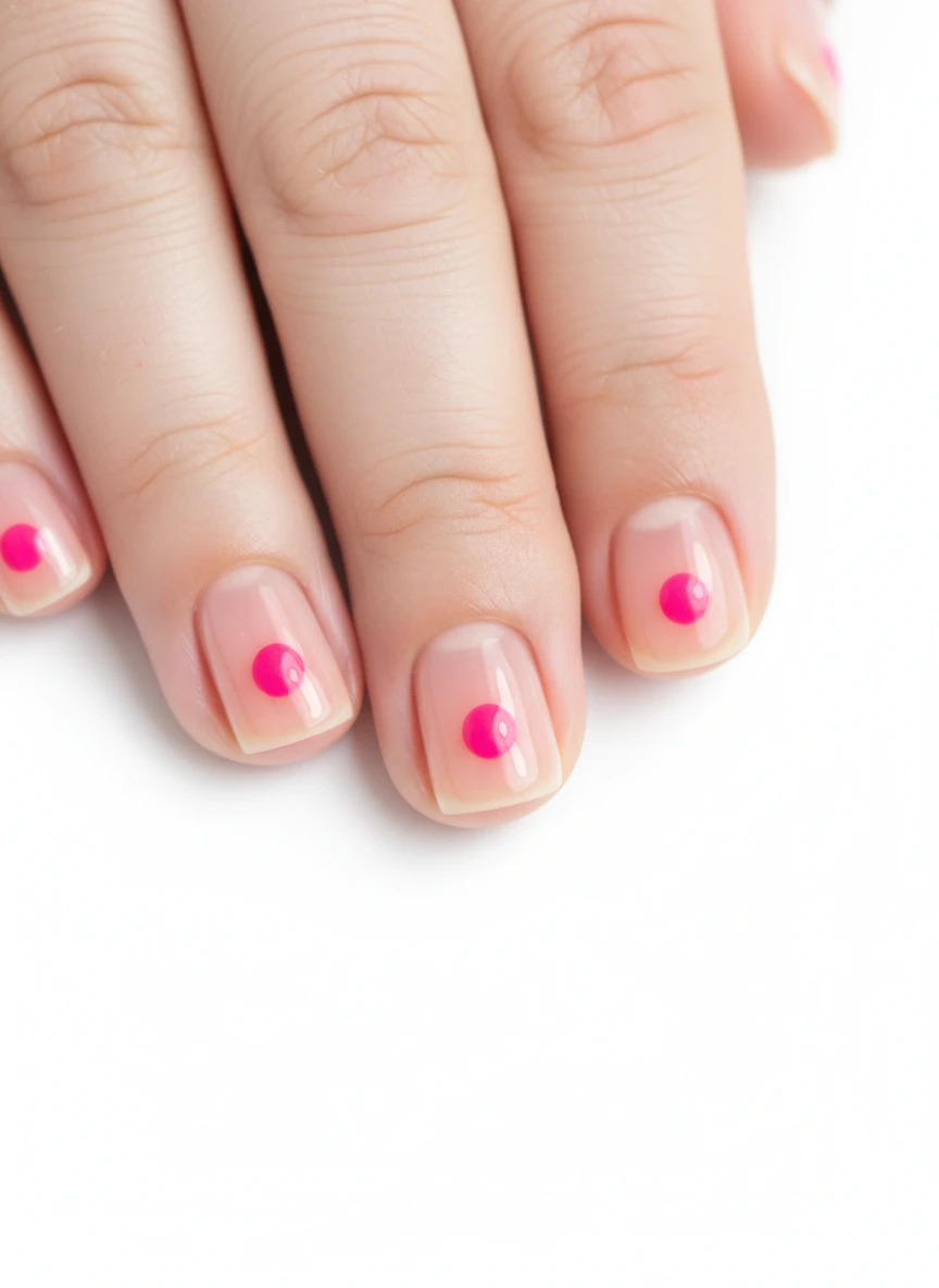 Close-up of short manicured nails with sheer nude-pink polish and a tiny neon pink dot accent.