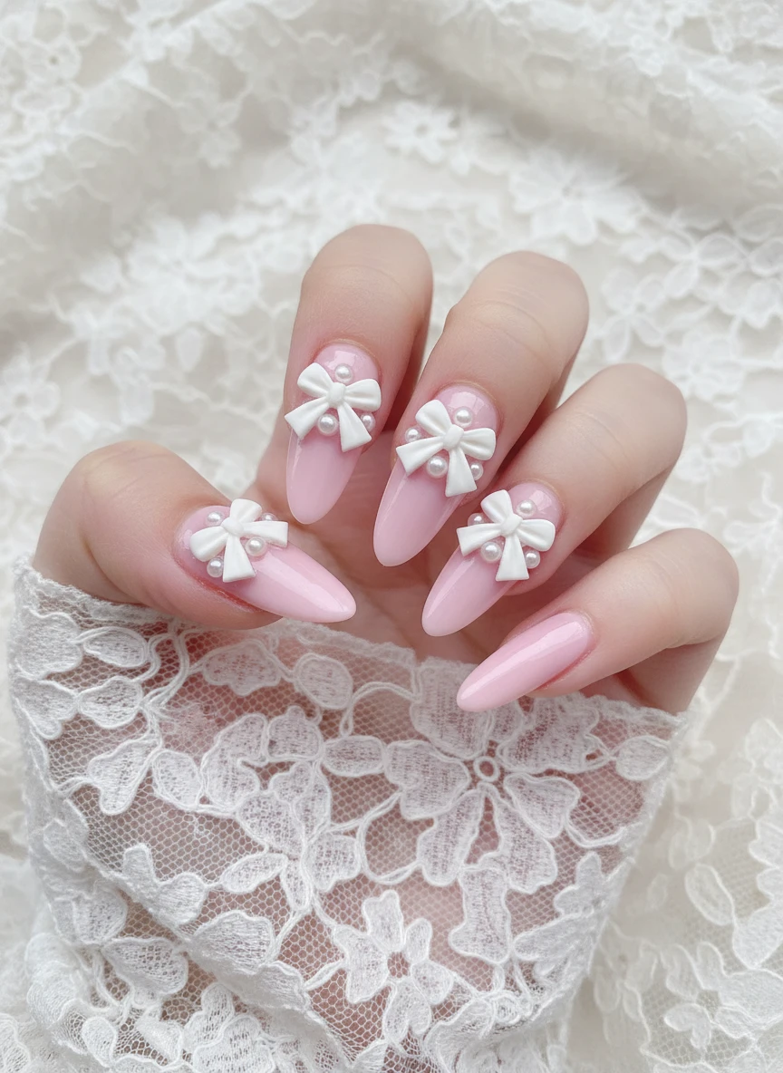 Sharp baby pink stiletto nails featuring delicate 3D white ribbon charms and small decorative pearls.