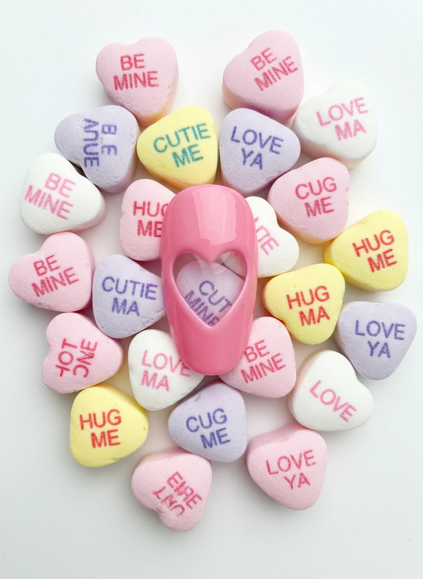 Bubblegum pink oval nails with a negative space heart design surrounded by colorful Valentine's candy hearts.