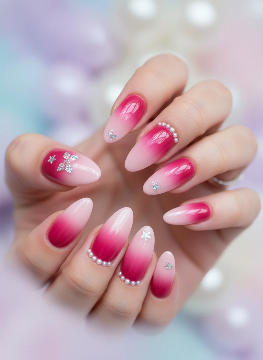Medium-length almond nails featuring a glossy pink aura effect with a soft airbrushed gradient finish.