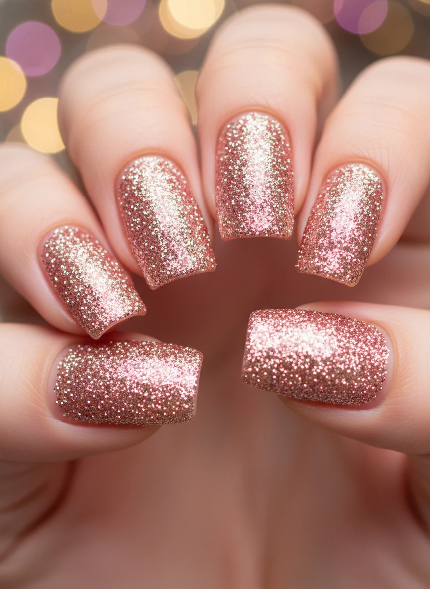 Macro shot of squoval nails featuring intense rose gold and pink glitter with festive bokeh lights.