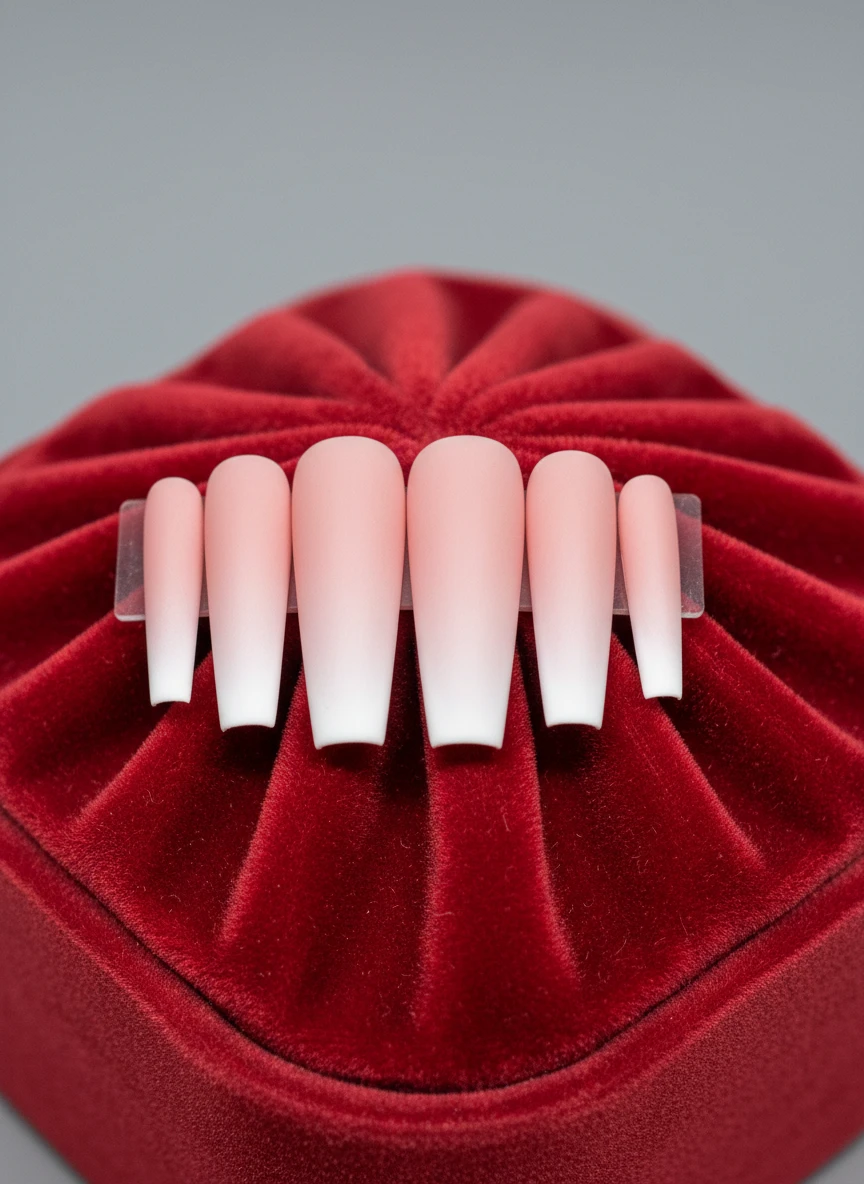 Coffin-shaped nails with a seamless white-to-pink ombre gradient and matte finish on red velvet.