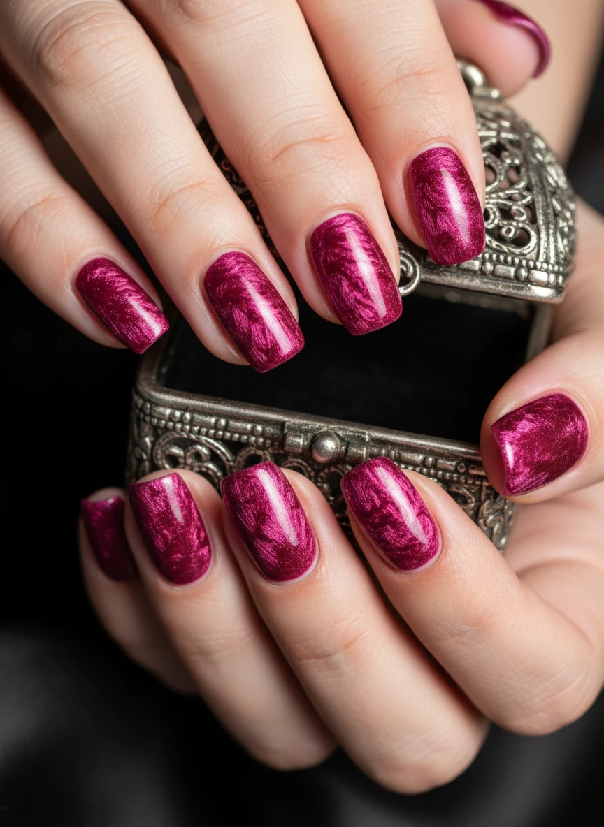 Short natural nails featuring magnetic magenta gel polish with a velvet texture effect holding a jewelry box.