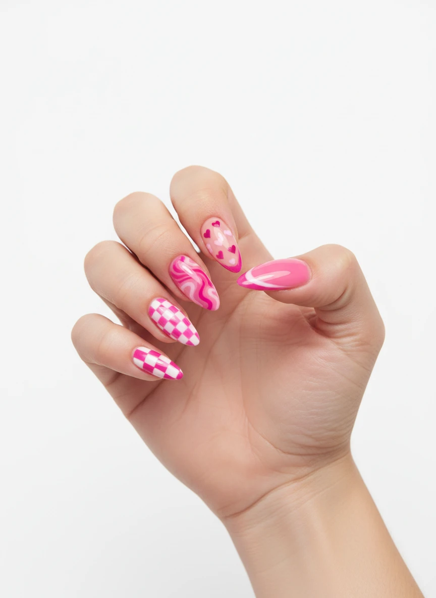 Hand displaying five unique pink nail art patterns including checkers, swirls, and hearts in studio lighting.