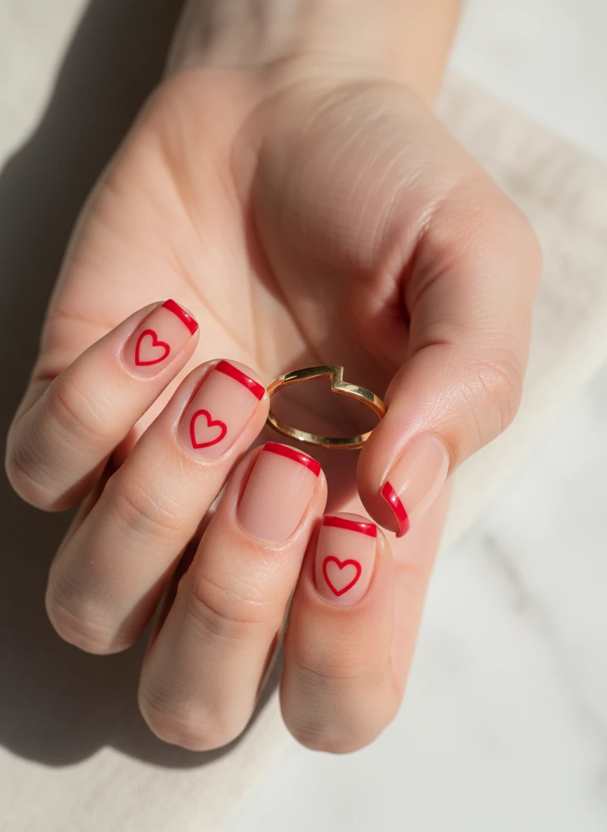 15 Queen of Heart Valentine Nails: Royal Designs to Slay Love Season (2026) 3 Minimalist short square nails with nude polish and a small red heart accent near the cuticle area.