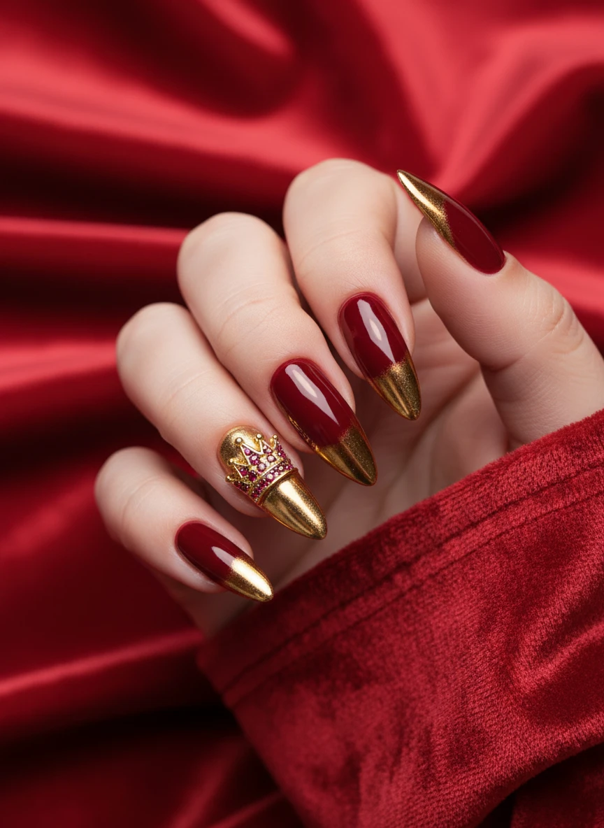 15 Queen of Heart Valentine Nails: Royal Designs to Slay Love Season (2026) 4 Close-up of deep blood red stiletto nails featuring gold chrome tips and a 3D crown charm.
