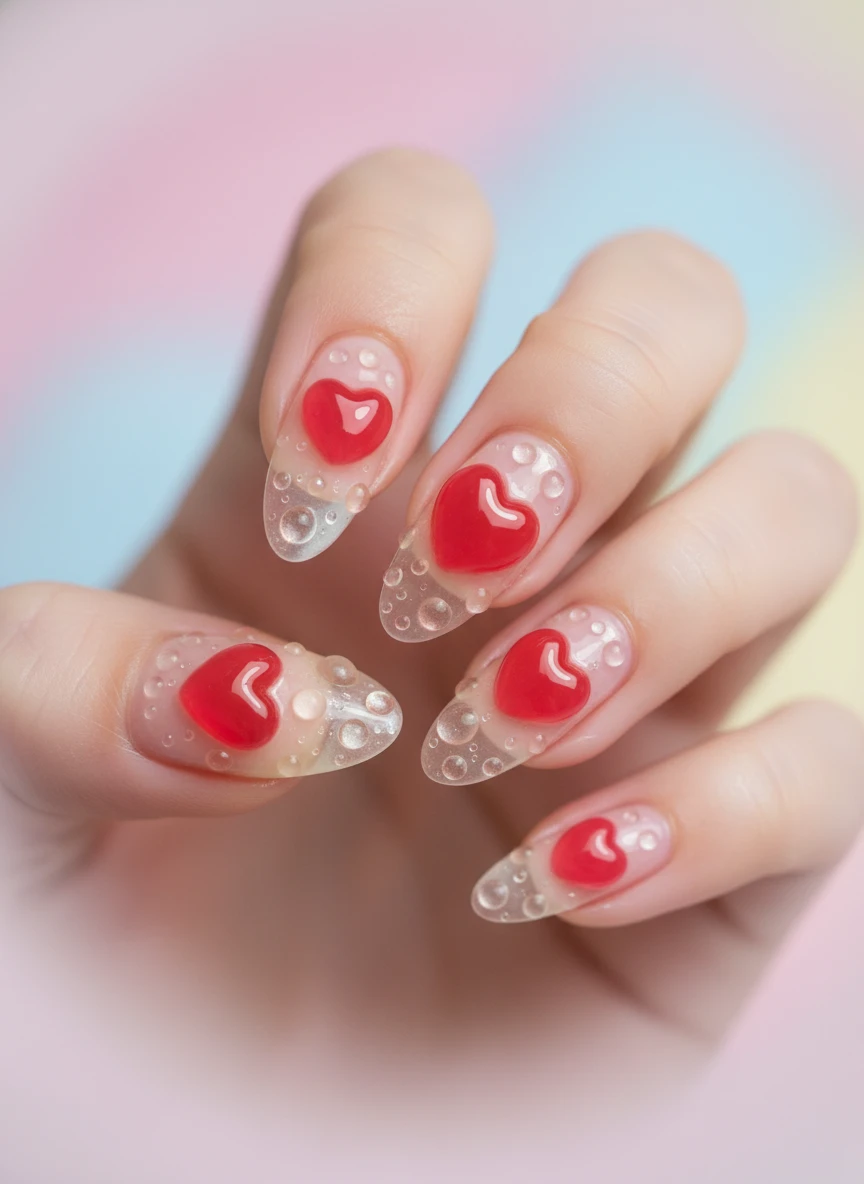 15 Queen of Heart Valentine Nails: Royal Designs to Slay Love Season (2026) 12 Close-up of Korean style nails featuring translucent red 3D jelly hearts with water droplet effects.