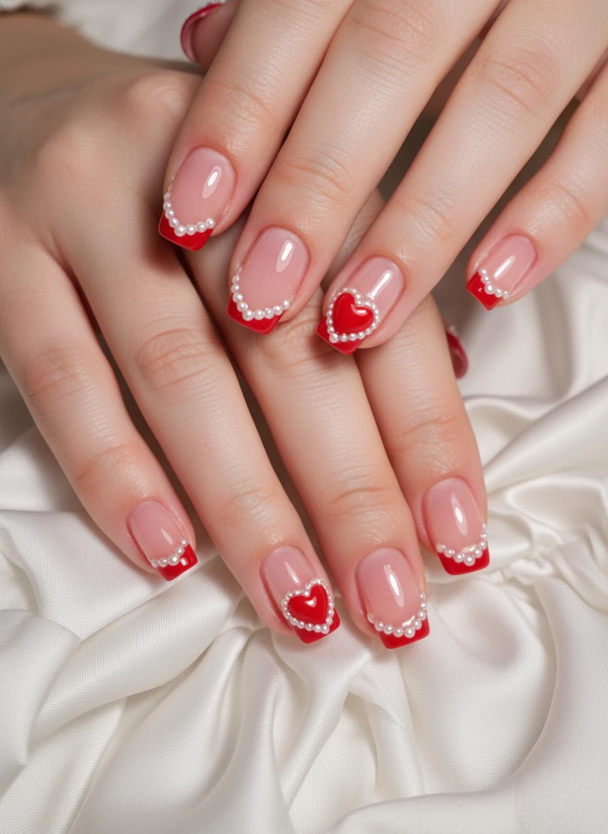 15 Queen of Heart Valentine Nails: Royal Designs to Slay Love Season (2026) 7 Close-up of heart-shaped French tips decorated with small white pearls over a soft pink base color.