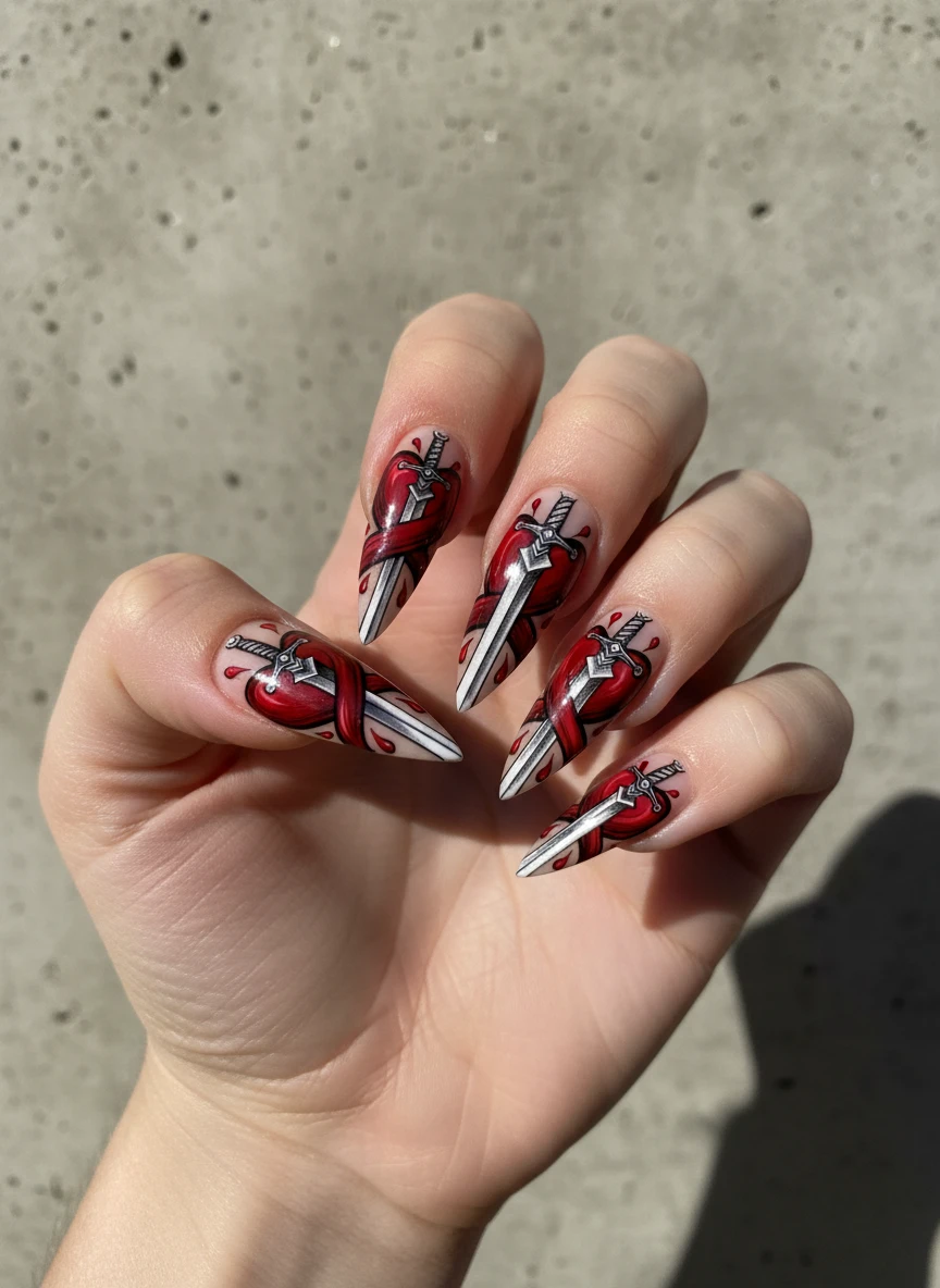 15 Queen of Heart Valentine Nails: Royal Designs to Slay Love Season (2026) 8 Sharp stiletto nails featuring a detailed red heart design pierced by a silver dagger with dramatic lighting.