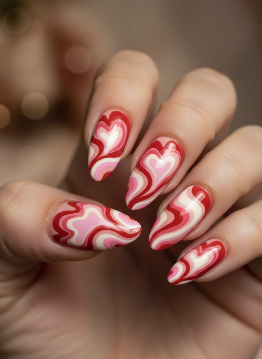 15 Queen of Heart Valentine Nails: Royal Designs to Slay Love Season (2026) 15 Close-up of almond nails decorated with vibrant red and pink abstract swirls and distorted heart shapes.