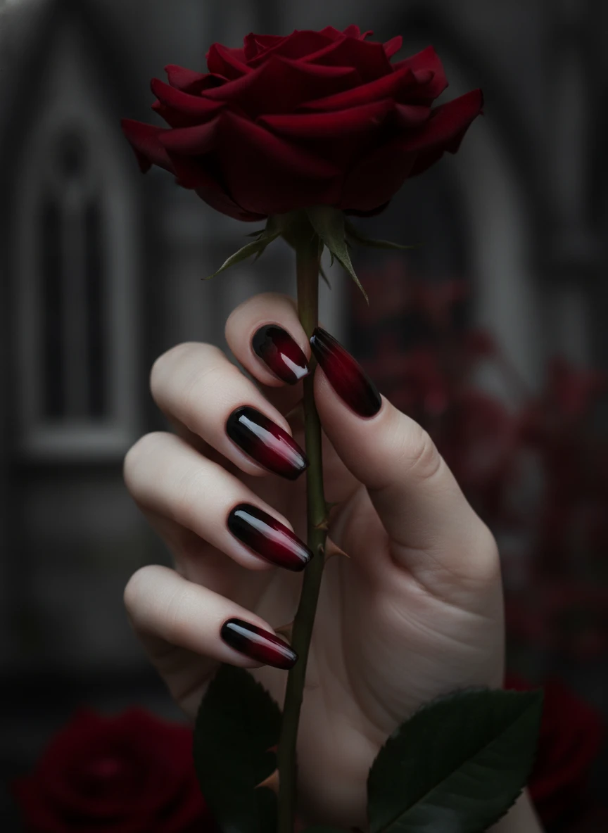15 Queen of Heart Valentine Nails: Royal Designs to Slay Love Season (2026) 6 Long ballerina nails with a glossy black and dark red ombre gradient holding a rose stem.