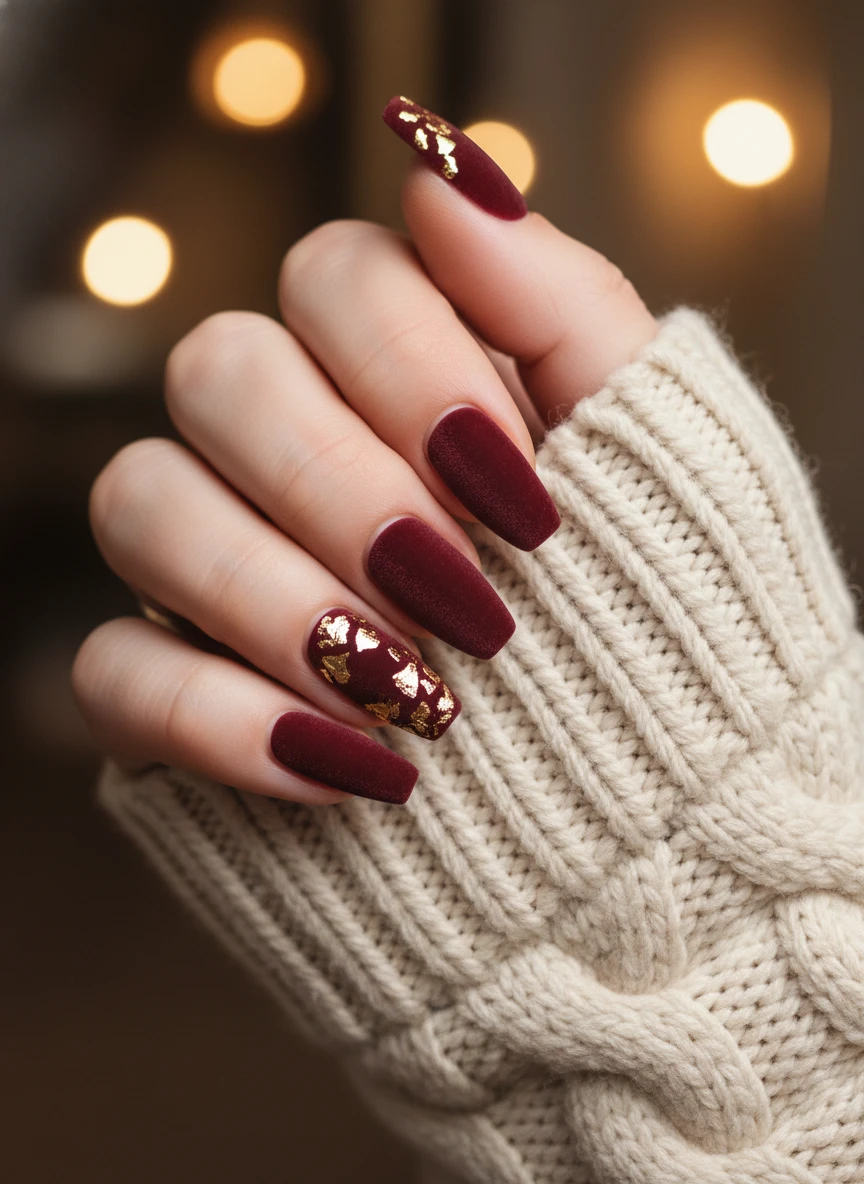 15 Queen of Heart Valentine Nails: Royal Designs to Slay Love Season (2026) 13 Long coffin nails featuring a matte burgundy velvet finish with delicate gold foil flakes near the cuticles.